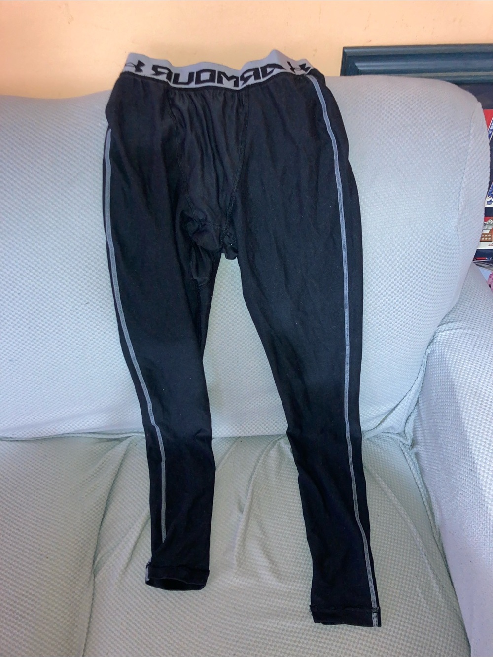 Under Armour Black Leggings with Gray Waistband and Side Stripes